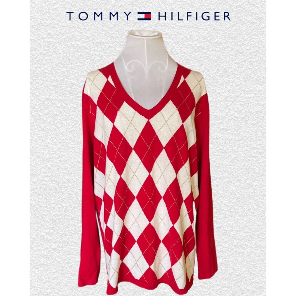 “Tommy Hilfiger” Sweater Women's Sz L Argyle Holiday Sweater Red White Metallic